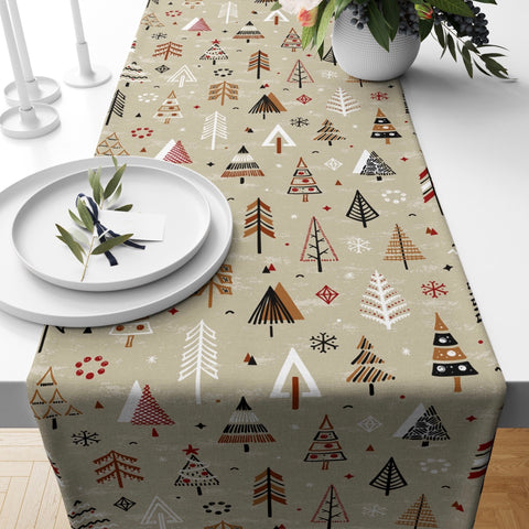 Winter Pine Tree Table Runner|Christmas Table Decor|Snowflake Table Centerpiece|Beige Green Black and White Abstract Pine Tree Tablecloth