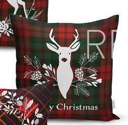 Set of 4 Christmas Pillow Covers and 1 Table Runner|Winter Trend Checkered Merry Christmas Home Decor|Red Green Plaid Xmas Runner, Cushion