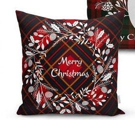 Set of 4 Christmas Pillow Covers and 1 Table Runner|Winter Trend Checkered Merry Christmas Home Decor|Red Green Plaid Xmas Runner, Cushion