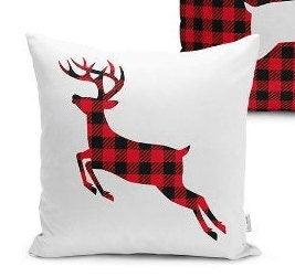 Set of 4 Christmas Pillow Covers and 1 Table Runner|Winter Trend Buffalo Check Christmas Deer Home Decor|Plaid Xmas Runner and Cushion Case