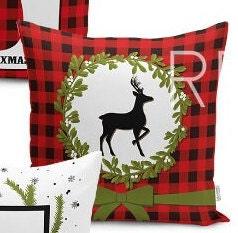 Set of 4 Christmas Pillow Covers and 1 Table Runner|Winter Trend Buffalo Check Merry Xmas Home Decor|Red Plaid Xmas Runner and Cushion Cover