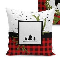 Set of 4 Christmas Pillow Covers and 1 Table Runner|Winter Trend Buffalo Check Merry Xmas Home Decor|Red Plaid Xmas Runner and Cushion Cover