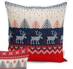 Set of 4 Christmas Pillow Covers and 1 Table Runner|Winter Trend Merry Christmas Home Decor|Red White Blue Xmas Deer Tree Runner and Cushion