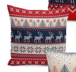 Set of 4 Christmas Pillow Covers and 1 Table Runner|Winter Trend Merry Christmas Home Decor|Red White Blue Xmas Deer Tree Runner and Cushion