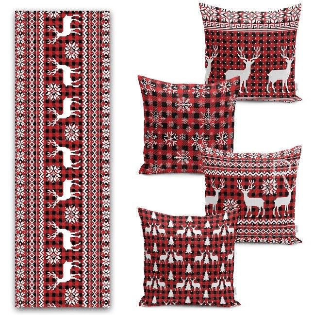 Set of 4 Christmas Pillow Covers and 1 Table Runner|Winter Trend Xmas Design Home Decor|Red White Black Xmas Deer, Xmas Tree Runner, Cushion