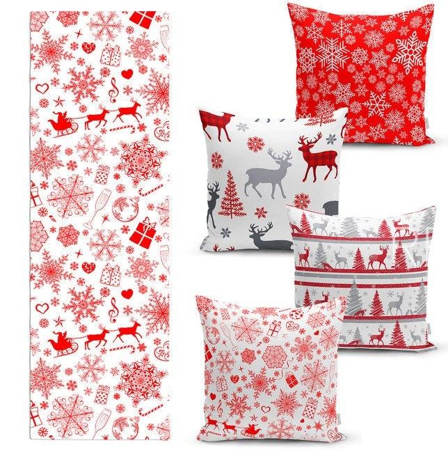 Set of 4 Christmas Pillow Covers and 1 Table Runner|Red White Gray Xmas Deer and Tree Home Decor|Winter Trend Snowflake Runner and Cushion