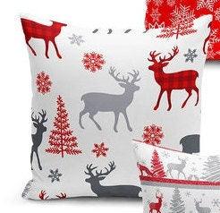 Set of 4 Christmas Pillow Covers and 1 Table Runner|Red White Gray Xmas Deer and Tree Home Decor|Winter Trend Snowflake Runner and Cushion