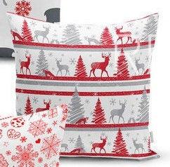 Set of 4 Christmas Pillow Covers and 1 Table Runner|Red White Gray Xmas Deer and Tree Home Decor|Winter Trend Snowflake Runner and Cushion