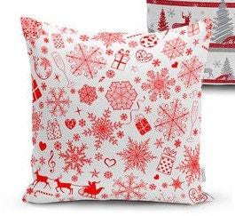 Set of 4 Christmas Pillow Covers and 1 Table Runner|Red White Gray Xmas Deer and Tree Home Decor|Winter Trend Snowflake Runner and Cushion