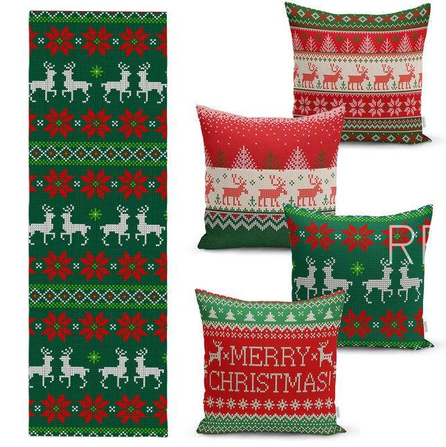 Set of 4 Christmas Pillow Covers and 1 Table Runner|Red Green White Snowflake, Xmas Deer and Xmas Tree Home Decor|Merry Xmas Runner and Case