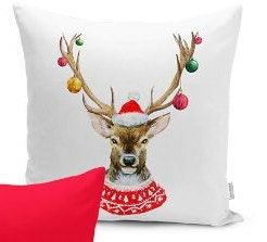 Set of 4 Christmas Pillow Covers and 1 Table Runner|Red White Gray Xmas Deer Home Decor|Buckhorn and Merry Christmas Print Runner, Cushion