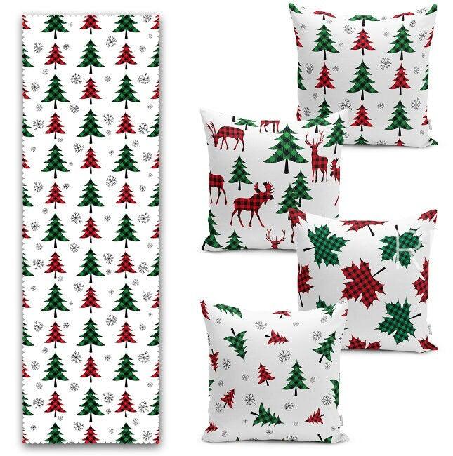 Set of 4 Christmas Pillow Covers and 1 Table Runner|Winter Trend Checkered Xmas Deer, Xmas Tree Home Decor|Checkered Leaves Runner, Pillow