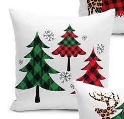 Set of 4 Christmas Pillow Covers and 1 Table Runner|Checkered Xmas Tree Home Decor|Cheetah Pattern Xmas Deer Pillow|Gray Snowflake Runner