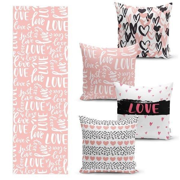 Set of 4 Valentine's Day Pillow Covers and 1 Table Runner|Just Love Print Home Decor|Heart Print Tablecloth and Cushion|Gift for Valentine