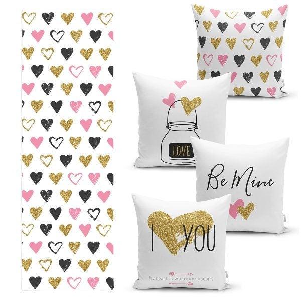 Set of 4 Valentine's Day Pillow Covers and 1 Table Runner|Be Mine and I Love You Print Home Decor|Heart Print Tablecloth and Cushion Set