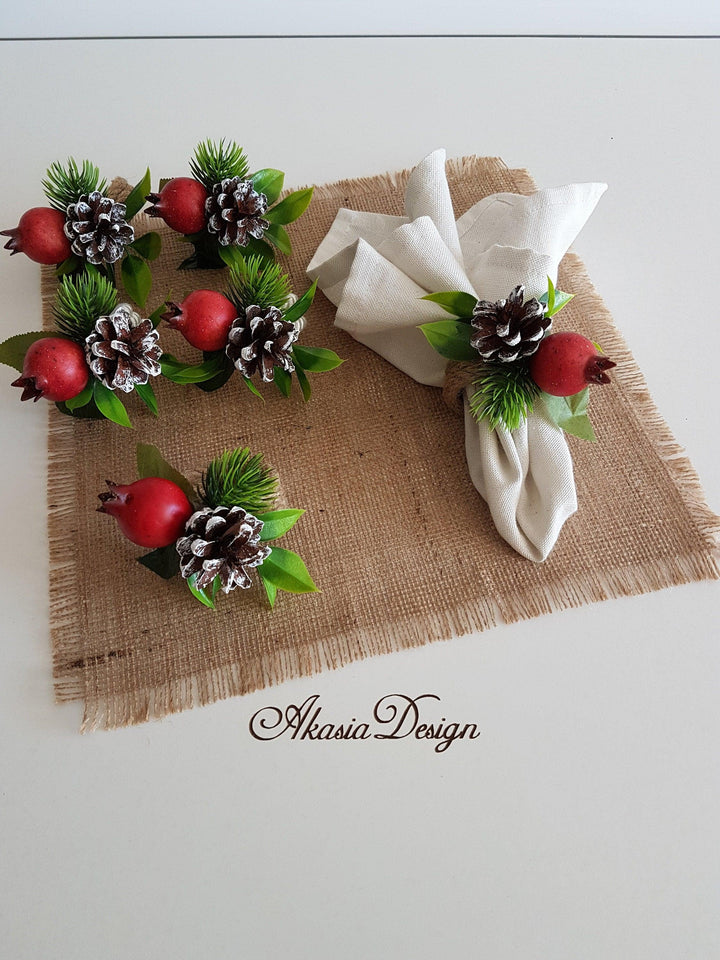 Christmas Napkin Rings|Winter Trend Pomegranate Napkin Ring|Xmas Jute Rope Napkin Holder|Winter Table Decor|Xmas Pinecones Tablecenterpiece