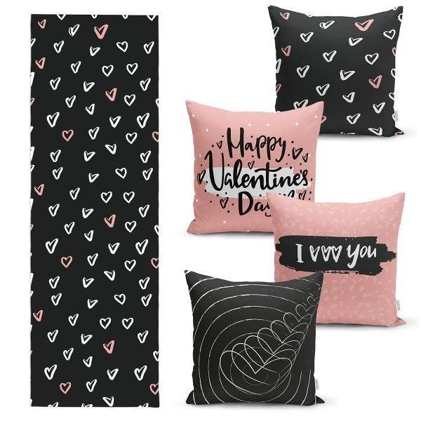 Set of 4 Valentine's Day Pillow Covers and 1 Table Runner|Happy Valentine's Day Accent Pillow|I Love You Print Tablecloth and Cushion Cover