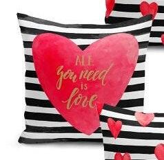 Set of 4 Valentine's Day Pillow Covers and 1 Table Runner|All You Need is Love Throw Pillow|Striped Romantic Tablecloth and Cushion Cover