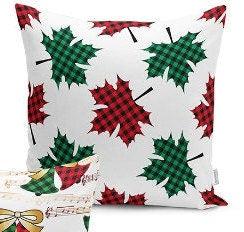 Set of 4 Christmas Pillow Covers and 1 Table Runner|Red Green Checkered Xmas Bell and Leaves Home Decor|Xmas Tree Pillow Case and Table Top