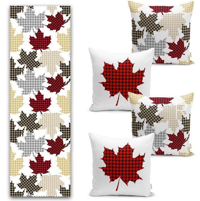 Set of 4 Christmas Pillow Covers and 1 Table Runner|Winter Trend Home Decor|Red, Gray, Beige Checkered Leaves Pillow Cover|Xmas Throw Pillow