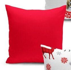 Set of 4 Christmas Pillow Covers and 1 Table Runner|Red Gray Xmas Deer Home Decor|Buckhorn, Plaid Cushion Case and Merry Christmas Runner