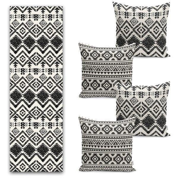 Set of 4 Scandinavian Pillow Covers and 1 Table Runner|Southwestern Home Decor|Decorative Rug Design Tablecloth|Aztec Cushion and Runner Set