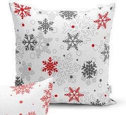 Set of 4 Christmas Pillow Covers and 1 Table Runner|Red White Gray Snowflake and Xmas Deer/Tree Decor|Winter Trend Runner and Striped Pillow