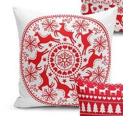 Set of 4 Christmas Pillow Covers and 1 Table Runner|Red White Xmas Deer and Xmas Tree Home Decor|Winter Trend Tablecloth and Cushion Cover