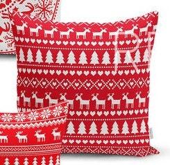 Set of 4 Christmas Pillow Covers and 1 Table Runner|Red White Xmas Deer and Xmas Tree Home Decor|Winter Trend Tablecloth and Cushion Cover