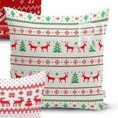 Set of 4 Christmas Pillow Covers and 1 Table Runner|Red Xmas Deer, Green Xmas Tree Home Decor|Red Snowflake Tablecloth|Plaid Cushion Cover