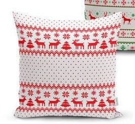 Set of 4 Christmas Pillow Covers and 1 Table Runner|Red Xmas Deer, Green Xmas Tree Home Decor|Red Snowflake Tablecloth|Plaid Cushion Cover