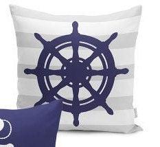 Set of 4 Nautical Pillow Covers and 1 Table Runner|Wheel Print Runner|Navy Anchor, Sailboat, Compass Cushion and Runner|Marine Throw Pillow