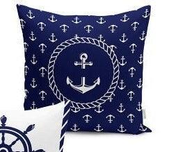 Set of 4 Nautical Pillow Covers and 1 Table Runner|Wheel Print Runner|Blue and White Navy Anchor Cushion and Runner|Marine Throw Pillow Set