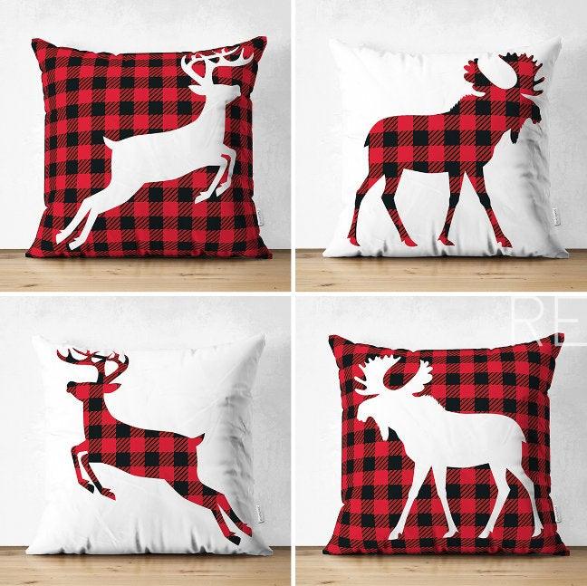 Set of 4 Christmas Pillow Covers|Buffalo Check Christmas Deer Home Decor|Suede Winter Trend Pillow Case|Housewarming New Year Throw Pillow