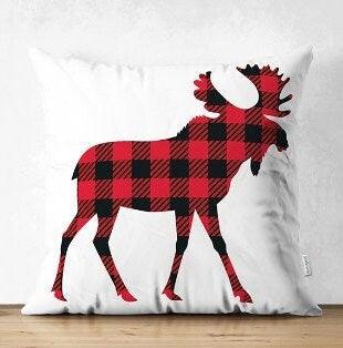 Set of 4 Christmas Pillow Covers|Buffalo Check Christmas Deer Home Decor|Suede Winter Trend Pillow Case|Housewarming New Year Throw Pillow