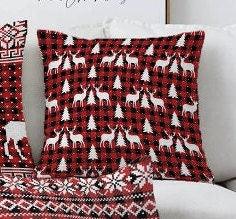 Set of 4 Christmas Pillow Covers|White Christmas Deer Home Decor|Winter Trend Xmas Tree Pillow Top|Snowflake on Buffalo Check Throw Pillow