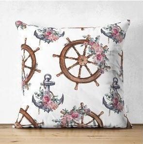 Set of 4 Nautical Pillow Covers|Floral Navy Anchor Decor|Decorative Wheel Print Pillow Top|Coastal Throw Pillow|Outdoor Beach House Decor