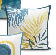 Set of 4 Abstract Pillow Covers and 1 Table Runner|Blue Yellow Home Decor|Decorative Leaf Drawing Tablecloth|Onedraw Cushion and Runner Set