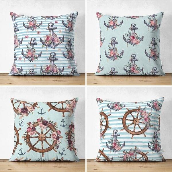 Set of 4 Nautical Pillow Covers|Navy Anchor and Flower Decor|Decorative Wheel Print Pillow|Coastal Throw Pillow|Outdoor Beach House Decor