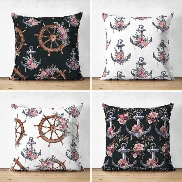 Set of 4 Nautical Pillow Covers|Decorative Navy Anchor Decor|Floral Wheel Print Pillow Top|Outdoor Beach House Decor|Coastal Throw Pillow