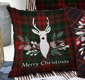 Set of 4 Christmas Pillow Covers|Merry Xmas and Happy New Year Home Decor|Floral Xmas Deer Pillow Top|Winter Trend Buffalo Check Pillow Top