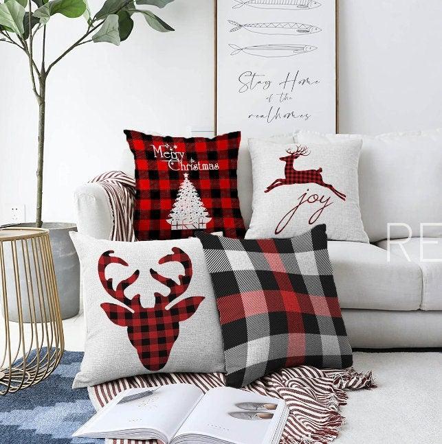 Set of 4 Christmas Pillow Covers|Merry Xmas and Joy Home Decor|Buffalo Check Xmas Deer and Buckhorn Pillow Top|Plaid Winter Trend Pillow Top