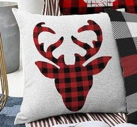 Set of 4 Christmas Pillow Covers|Merry Xmas and Joy Home Decor|Buffalo Check Xmas Deer and Buckhorn Pillow Top|Plaid Winter Trend Pillow Top