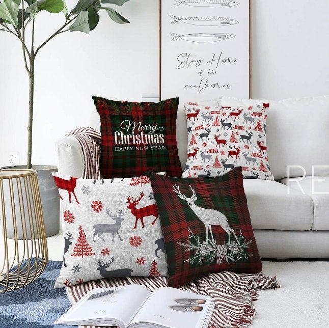 Set of 4 Christmas Pillow Covers|Merry Xmas and Happy New Year Home Decor|Xmas Deer and Tree Pillow|Winter Trend Buffalo Check Pillow Cover