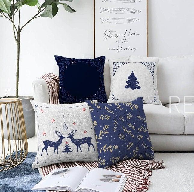 Set of 4 Christmas Pillow Covers|Blue White Xmas Deer Decor|Winter Trend Cushion Case|Beige Blue Leaves Throw Pillow|Christmas Tree Cushion