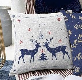 Set of 4 Christmas Pillow Covers|Blue White Xmas Deer Decor|Winter Trend Cushion Case|Beige Blue Leaves Throw Pillow|Christmas Tree Cushion