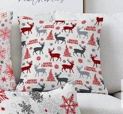 Set of 4 Christmas Pillow Covers|Merry Xmas Home Decor|Xmas Deer and Tree Pillow|Winter Trend Pillow Cover|Red Gray Snowflake Cushion Cover