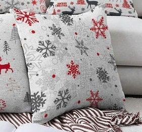 Set of 4 Christmas Pillow Covers|Merry Xmas Home Decor|Xmas Deer and Tree Pillow|Winter Trend Pillow Cover|Red Gray Snowflake Cushion Cover