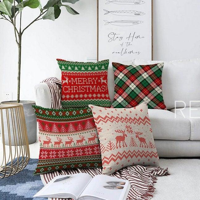 Set of 4 Christmas Pillow Covers|Merry Xmas Cushion Case|Xmas Deer, Xmas Tree and Snowflake Print Pillow Top|Plaid Winter Trend Pillow Sham