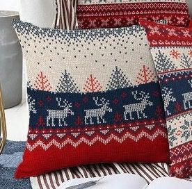 Set of 4 Christmas Pillow Covers|Red Blue Gray Xmas Cushion Case|Xmas Deer, Xmas Tree and Snowflake Print Pillow Top|Winter Trend Pillow